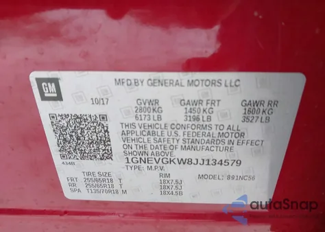 2018 Chevrolet Traverse 1Lt from USA, damaged, VIN 1GNEVGKW8JJ134579